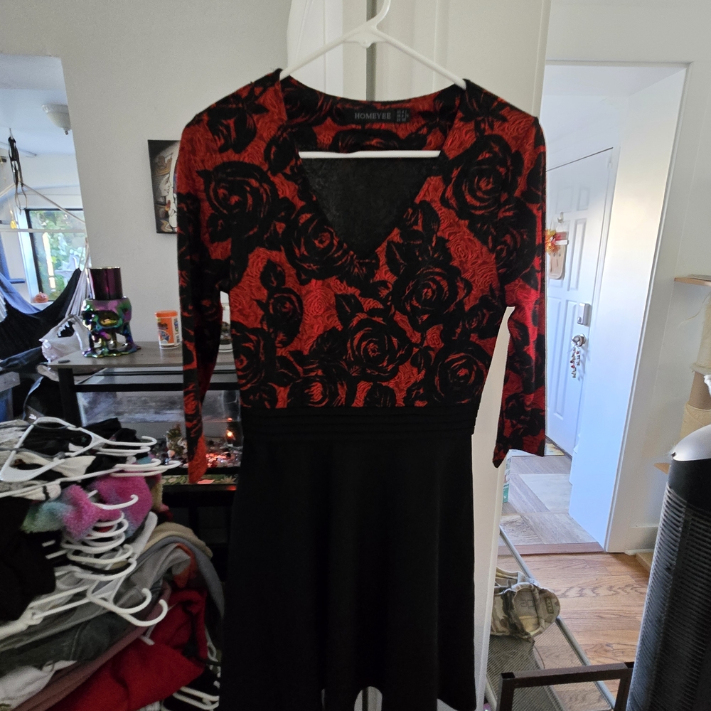 Bonnie Jean Red and Black Floral Long Sleeve Dress Christmas Dinner Dress